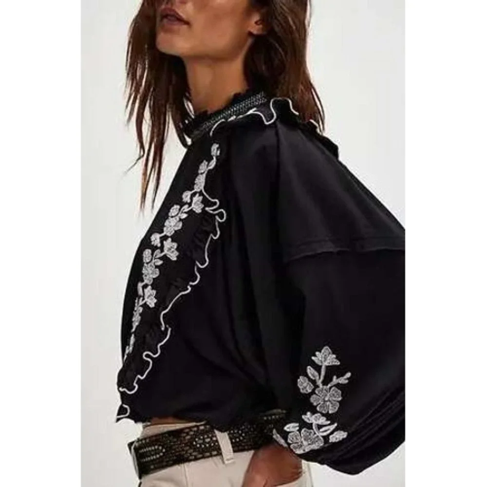 Free People Embroider Me Top Ruffle‎ Balloon Sleeve Blouse Black XS
